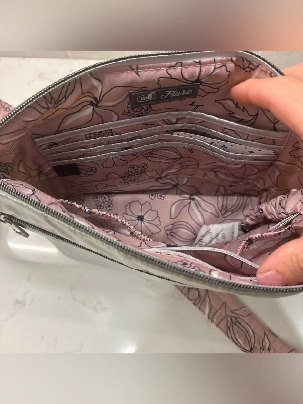 NWT lug Flare Metallic Silver Quilted Crossbody with Pink Floral & silver straps